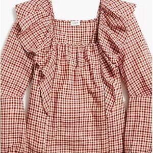J. Crew Gingham Plaid Squareneck Ruffle Top, Red and Cream, XL